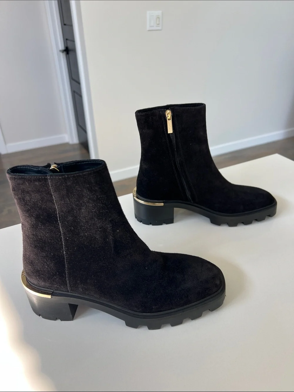 Jimmy Choo melodie 35 35.5 black velvet suede leather lug booties ankle boots